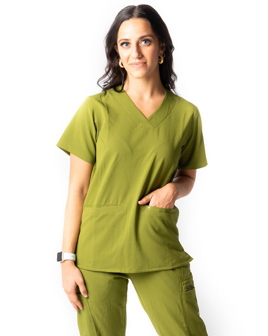 women's 2 pocket olive Scrub Top - Jogger Scrubs by Millennials In Medicine (Mim Scrubs)