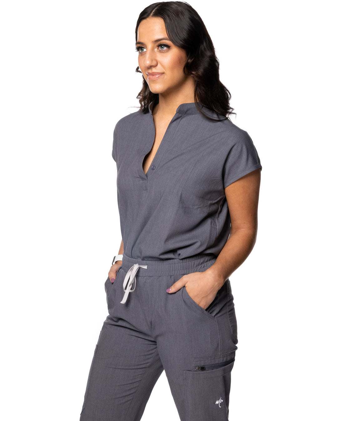 women's Gray Scrub Top - Jogger Scrubs by Mim Scrubs - Millennials In Medicine